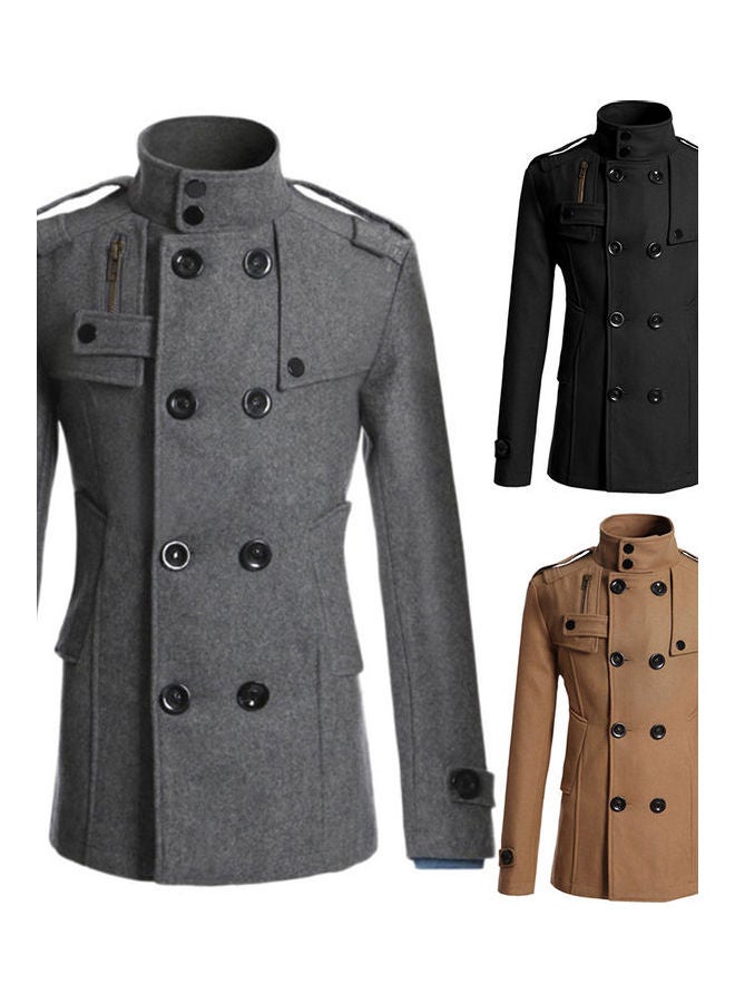 Long Sleeve Lapel Collar Double-Breasted Pockets Woolen Slim Trench Coat multicolour - v1606933149/N42701252V_3