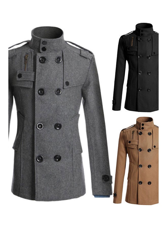 Long Sleeve Lapel Collar Double-Breasted Pockets Woolen Slim Trench Coat multicolour  - Image 3