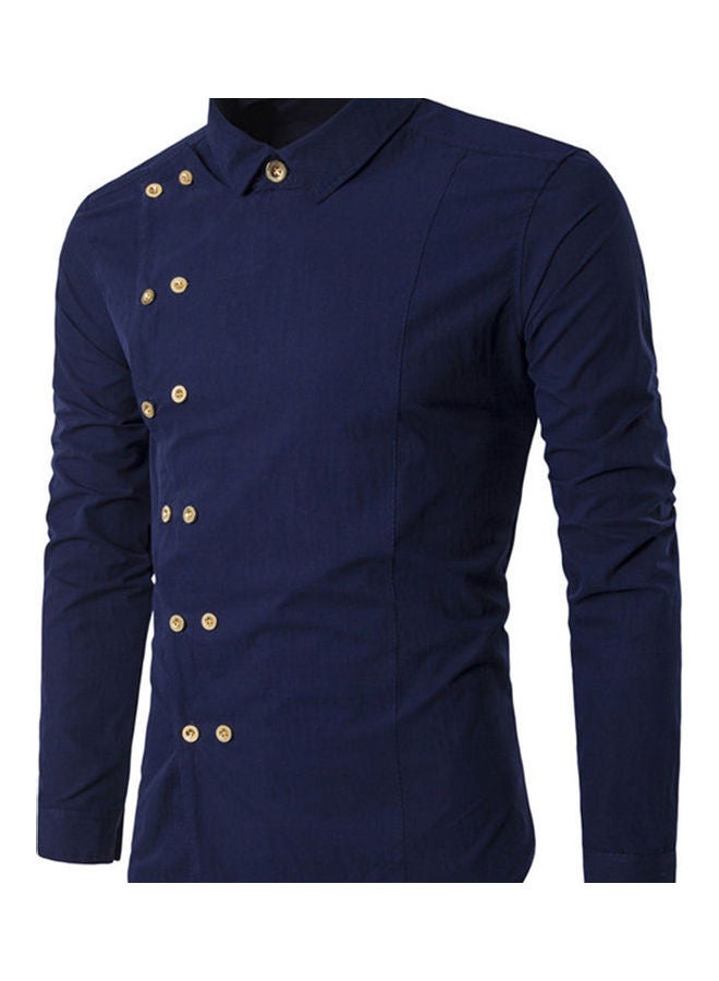 Long Sleeve Turn Down Collar Diagonal Double-Breasted Buttons Cotton Shirt multicolour - Image 1