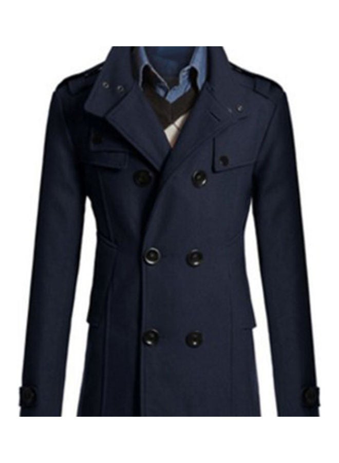 Double-Button Detail Woolen Coat Navy Blue - Image 1