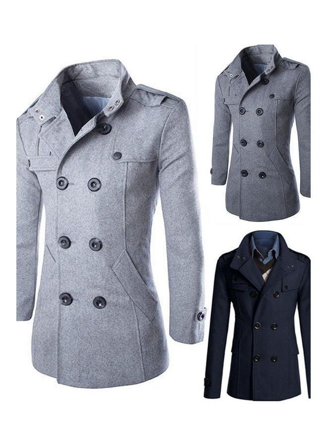Double-Button Detail Woolen Coat Navy Blue - Image 2