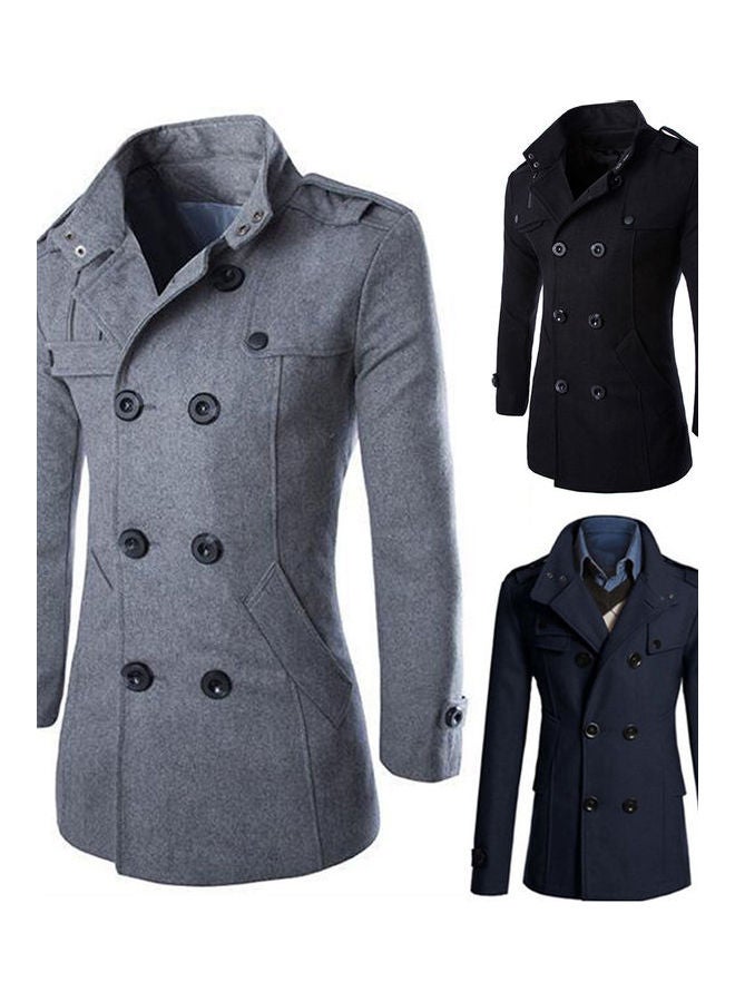 Double-Button Detail Woolen Coat Navy Blue - Image 3