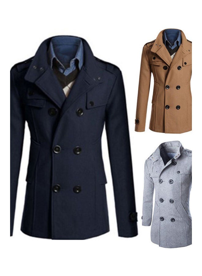 Double-Button Detail Woolen Coat Navy Blue - Image 4