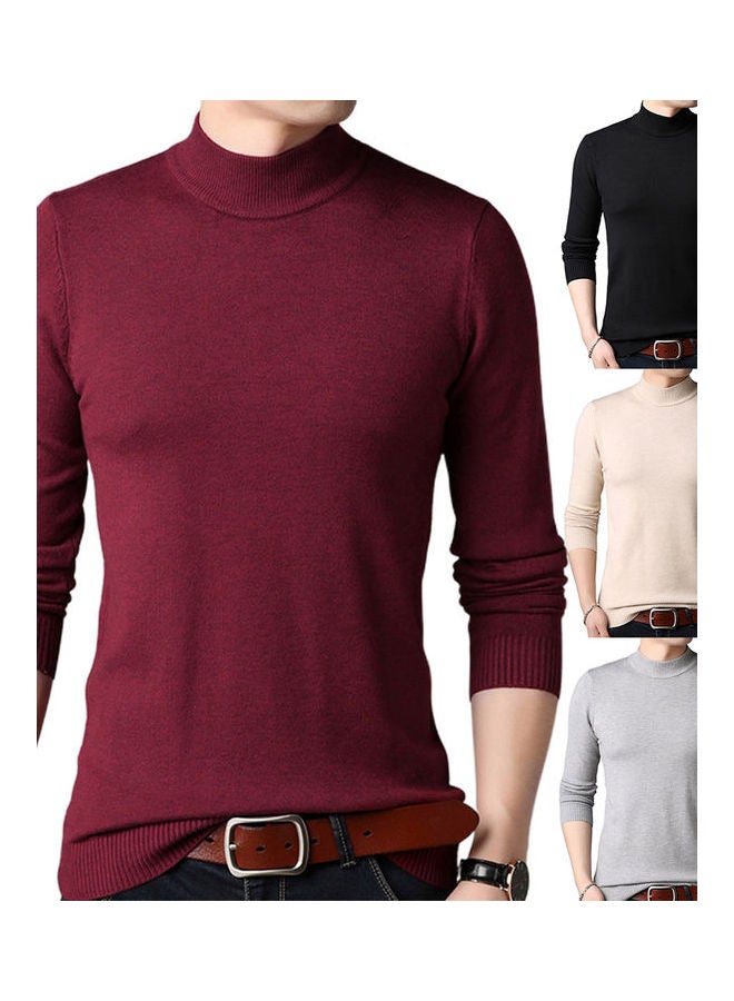 Solid O Neck Pullover Wine Red  - Image 3