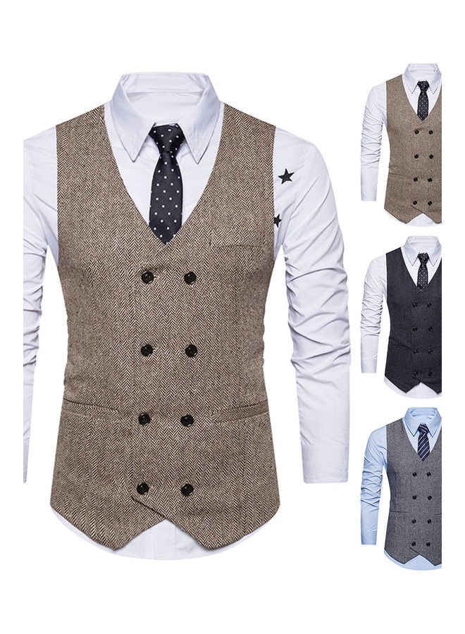 Vintage Sleeveless Double-Breast Herringbone Twill Waistcoat Business Vest multicolour  - Image 2