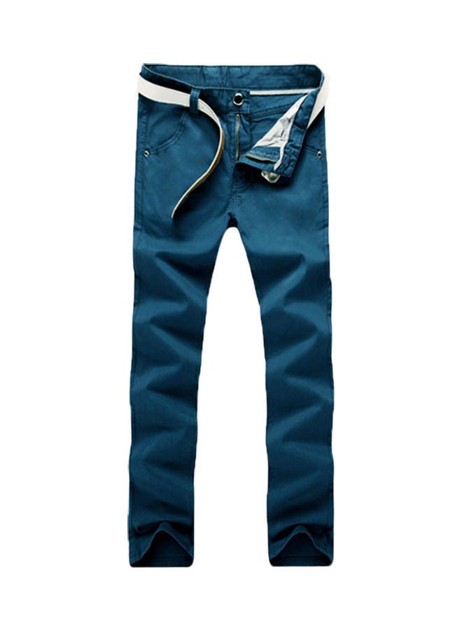 Men Solid Color Button Cotton Straight Long Pants Pockets Business Trousers Lake Blue - Image 1