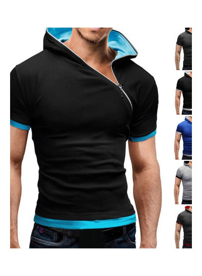 Asymatric Zip Slim Detail T-Shirt With Hood Blue - Image 2