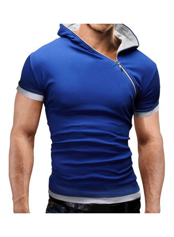 Asymatric Zip Slim Detail T-Shirt With Hood Blue - Image 1