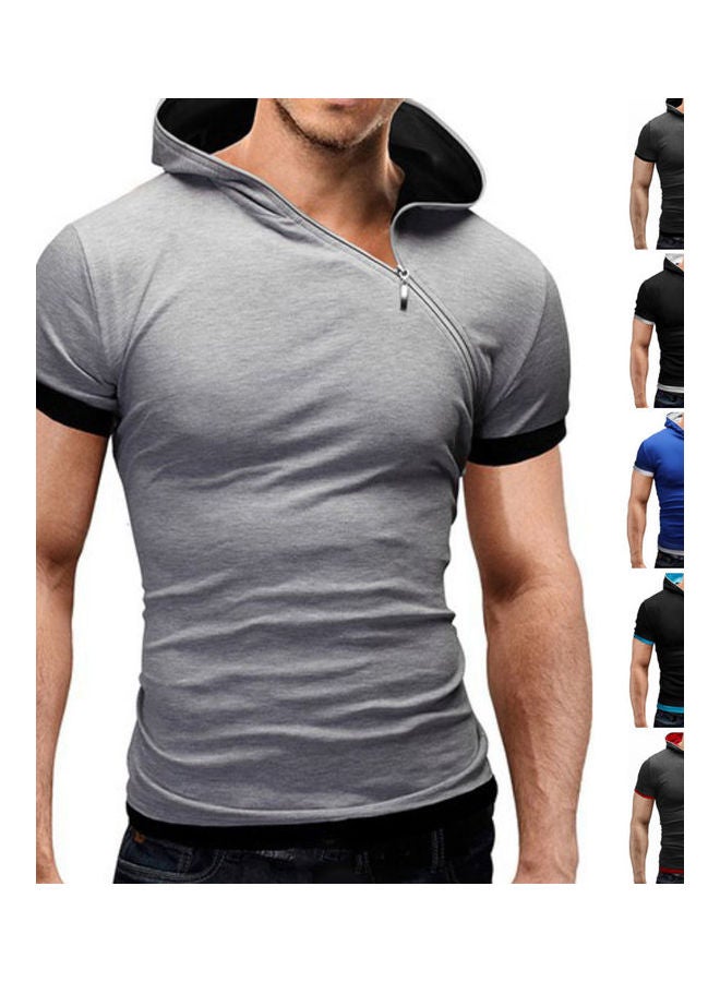 Asymatric Zip Slim Detail T-Shirt With Hood Blue - Image 3