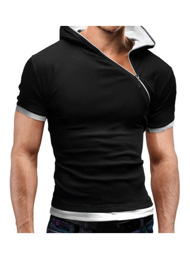 Asymatric Zip Slim Detail T-Shirt With Hood Blue - Image 4