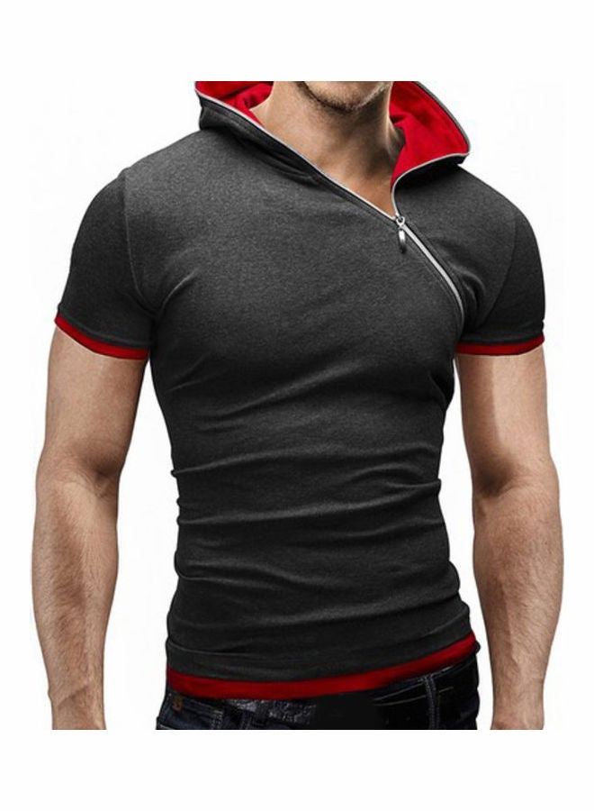 Asymatric Zip Slim Detail T-Shirt With Hood Blue - Image 5