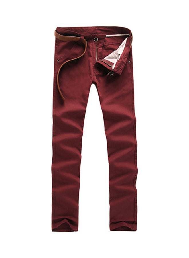 Men Solid Color Button Cotton Straight Long Pants Pockets Business Trousers Wine Red - Image 1