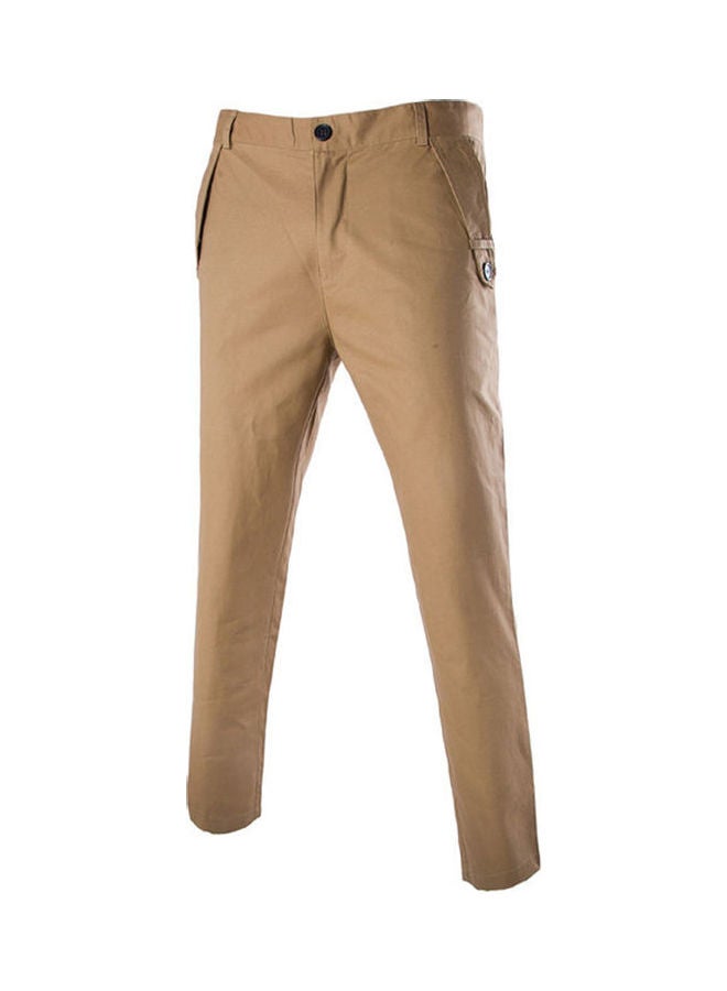 Casual Solid Color Pockets Cotton Long Straight Pants Slim Button Trousers multicolour  - Image 1