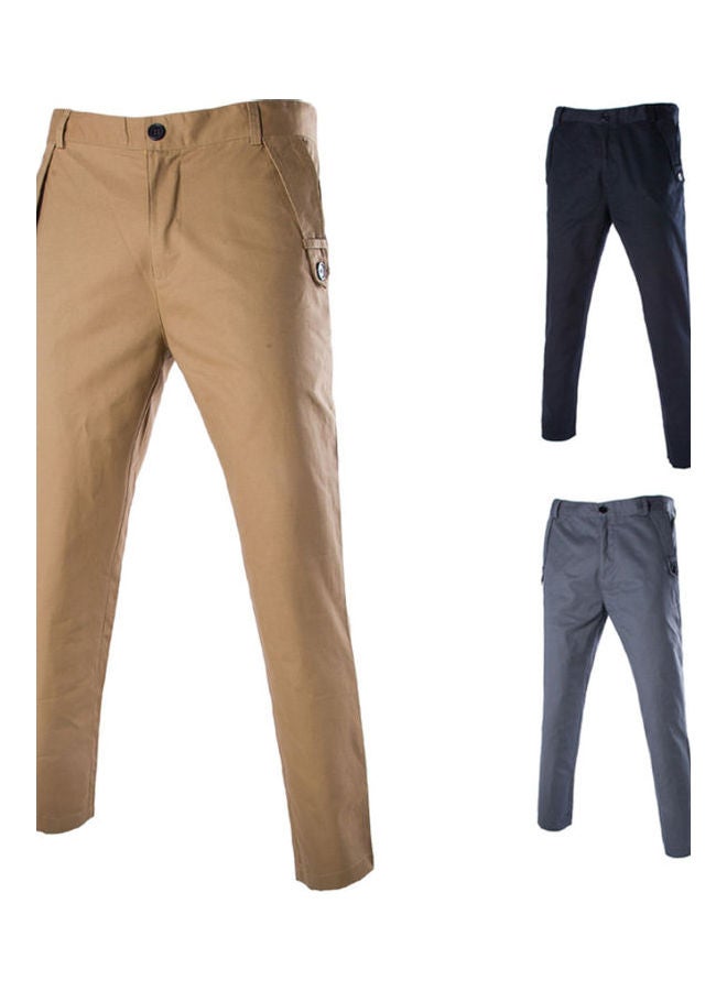 Casual Solid Color Pockets Cotton Long Straight Pants Slim Button Trousers multicolour  - Image 3