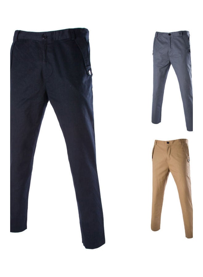 Casual Solid Color Pockets Cotton Long Straight Pants Slim Button Trousers multicolour  - Image 5