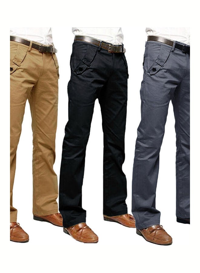 Casual Solid Color Pockets Cotton Long Straight Pants Slim Button Trousers multicolour  - Image 2