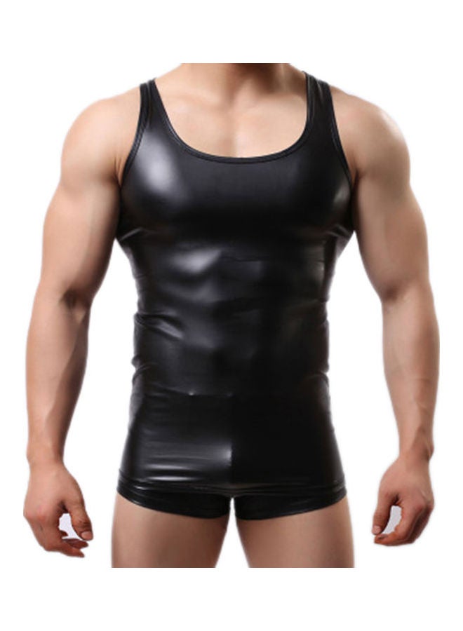 Faux Leather Slim Fitness Onesie Black  - Image 1