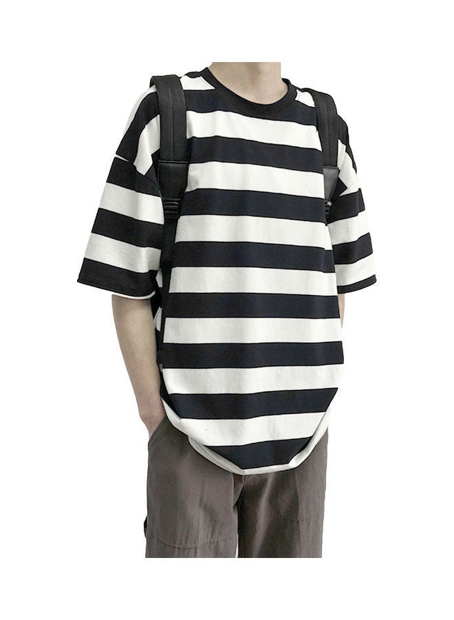 Men Stylish O Neck Short Sleeve Horizontal Stripes Bottoming Top Cotton T-shirt White - Image 1