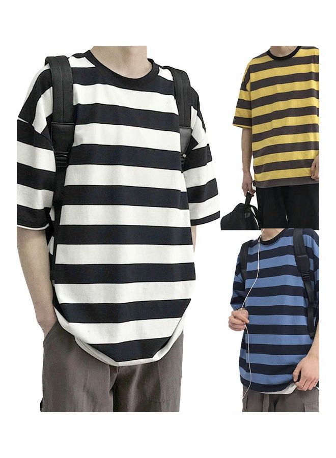 Men Stylish O Neck Short Sleeve Horizontal Stripes Bottoming Top Cotton T-shirt White - Image 2