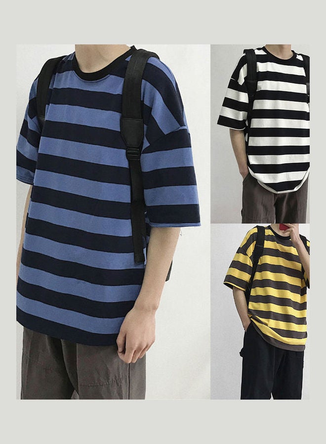 Men Stylish O Neck Short Sleeve Horizontal Stripes Bottoming Top Cotton T-shirt White - Image 3
