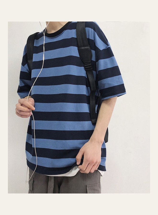 Men Stylish O Neck Short Sleeve Horizontal Stripes Bottoming Top Cotton T-shirt White - Image 5