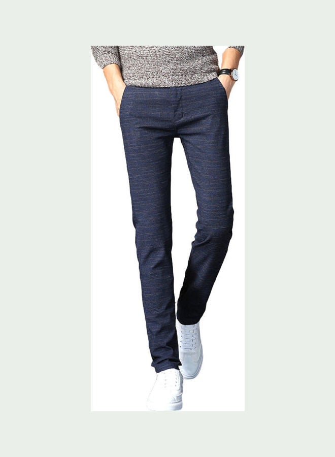Men Solid Color Zip Button Closure Pockets Straight Long Pants Business Trousers Blue - Image 1