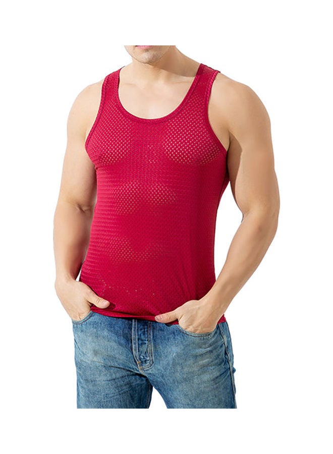 Mesh Detail See-Through Vest Wine Red - Image 1
