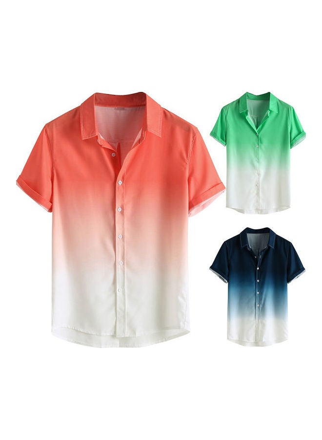 Stylish Men Short Sleeve Turn Down Collar Gradient Color Print Buttons Shirt Orange  - Image 3