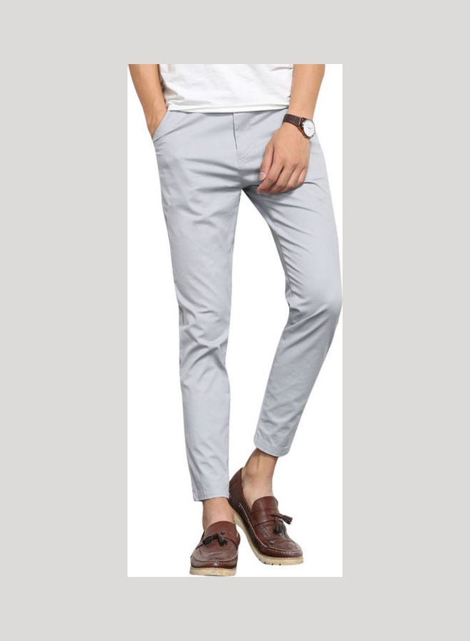 Men Casual Solid Color Elastic Pockets Thin Long Straight Trousers Suit Pants Grey  - Image 1