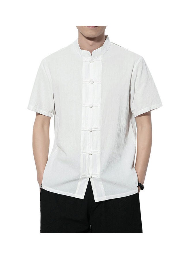 قميص رجالي سادة بأكمام قصيرة وياقة قائمة وقصة فضفاضة بنمط صيني أبيض - Image 1