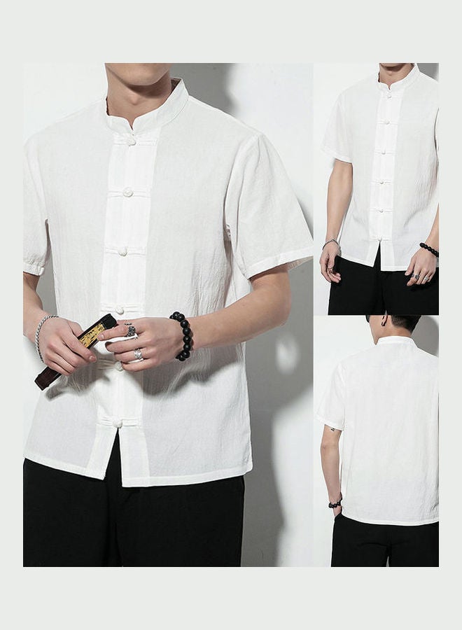 قميص رجالي سادة بأكمام قصيرة وياقة قائمة وقصة فضفاضة بنمط صيني أبيض - Image 2