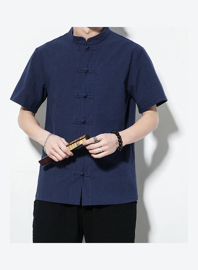 قميص رجالي سادة بأكمام قصيرة وياقة قائمة وقصة فضفاضة بنمط صيني أبيض - Image 3