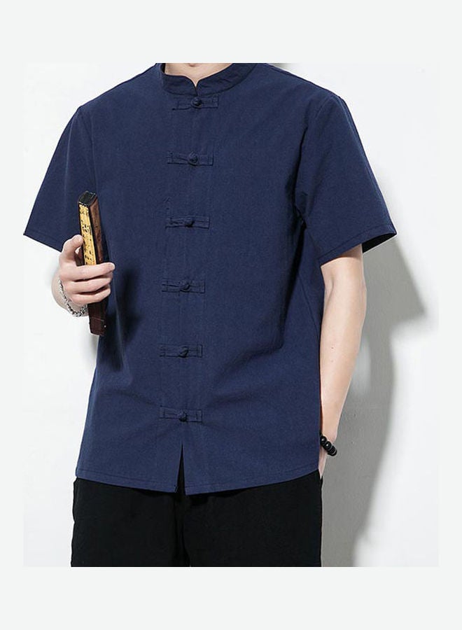 قميص رجالي سادة بأكمام قصيرة وياقة قائمة وقصة فضفاضة بنمط صيني أبيض - Image 4