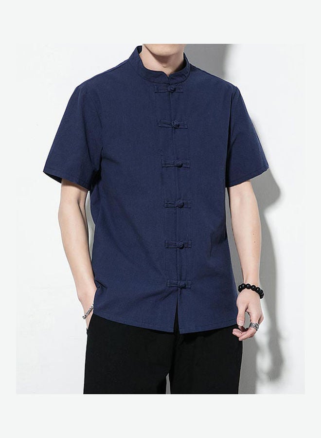 قميص رجالي سادة بأكمام قصيرة وياقة قائمة وقصة فضفاضة بنمط صيني أبيض - Image 5