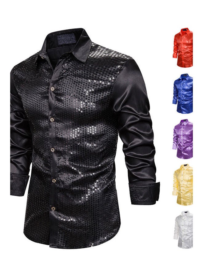 Long Sleeve Turn Down Collar Shiny Sequins Shirt Performance Top multicolour - Image 5