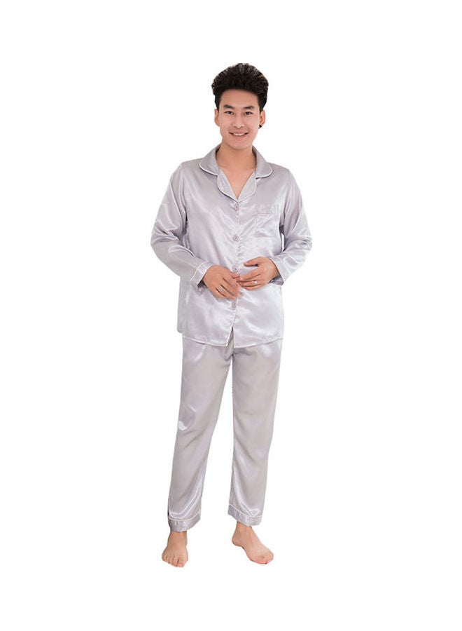Generic - Silk Satin Men Pajamas Set Fashion Sleepwear Couple Solid Color Long Sleeve Suit Steel Grey - Image 1