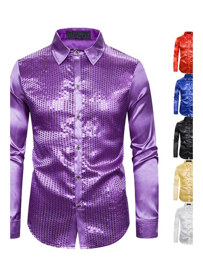 Long Sleeve Turn Down Collar Shiny Sequins Shirt Performance Top multicolour - Image 2