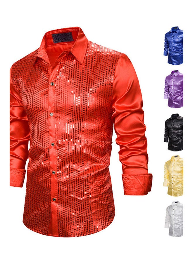 Long Sleeve Turn Down Collar Shiny Sequins Shirt Performance Top multicolour - Image 4