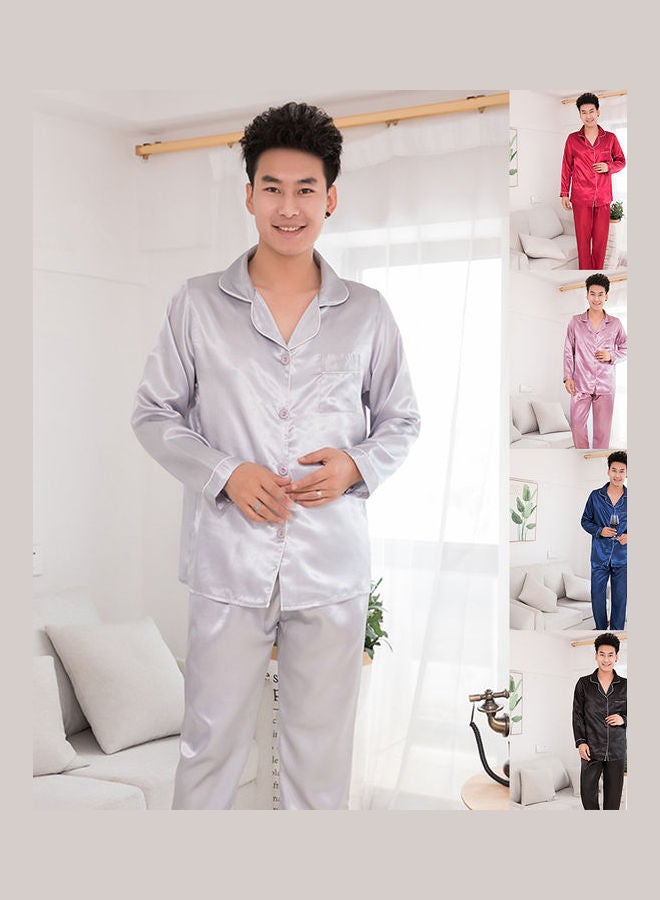 Generic - Silk Satin Men Pajamas Set Fashion Sleepwear Couple Solid Color Long Sleeve Suit Steel Grey - Image 1