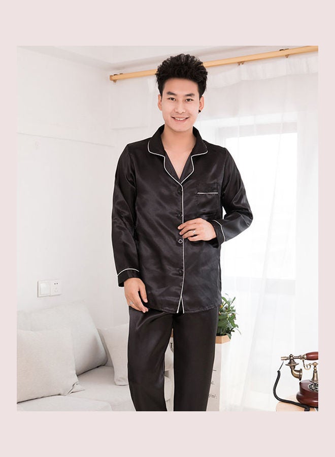 Generic - Silk Satin Men Pajamas Set Fashion Sleepwear Couple Solid Color Long Sleeve Suit Steel Grey - Image 1