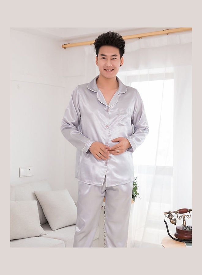 Generic - Silk Satin Men Pajamas Set Fashion Sleepwear Couple Solid Color Long Sleeve Suit Steel Grey - Image 1