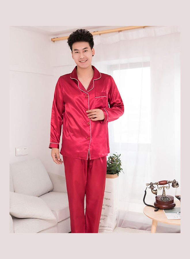 Generic - Silk Satin Men Pajamas Set Fashion Sleepwear Couple Solid Color Long Sleeve Suit Steel Grey - Image 1