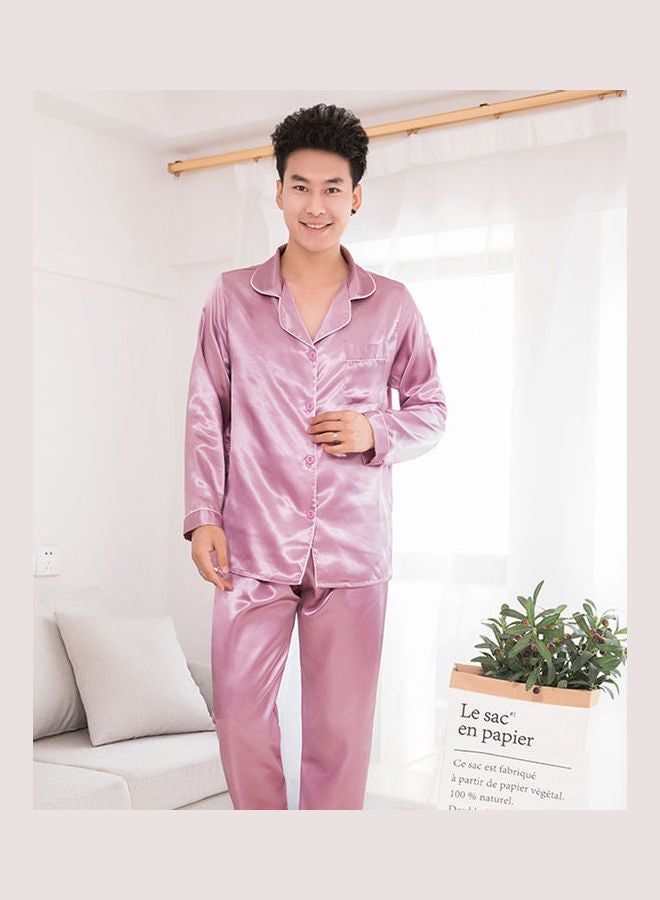 Generic - Silk Satin Men Pajamas Set Fashion Sleepwear Couple Solid Color Long Sleeve Suit Steel Grey - Image 1