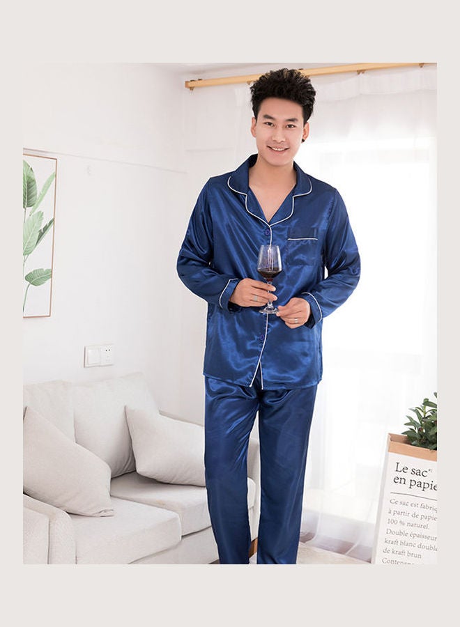 Generic - Silk Satin Men Pajamas Set Fashion Sleepwear Couple Solid Color Long Sleeve Suit Steel Grey - Image 1