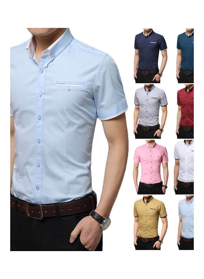 Solid Button Detail Shirt Light Blue - Image 4