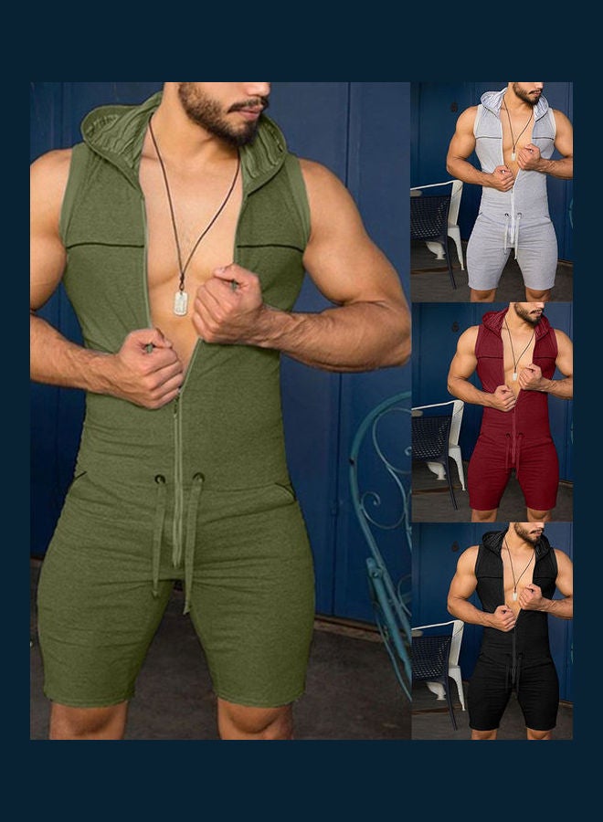 بدلة جمبسوت للرجال بغطاء للرأس، وبلا أكمام، وبلون سادة كاجوال، وجيوب بالشورت رمادي - Image 2