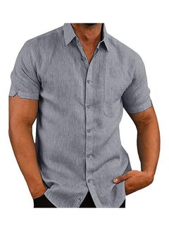 Generic Men Casual Short Sleeve Turn Down Collar Single-breasted Office Shirt Grey  - Image 1