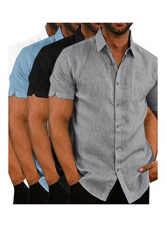 Generic Men Casual Short Sleeve Turn Down Collar Single-breasted Office Shirt Grey  - Image 3