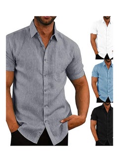 Generic Men Casual Short Sleeve Turn Down Collar Single-breasted Office Shirt Grey  - Image 4