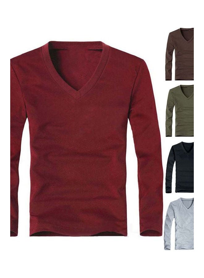Casual Long Sleeve V-Neck Cotton Pullover Slim T-Shirt multicolour  - Image 3